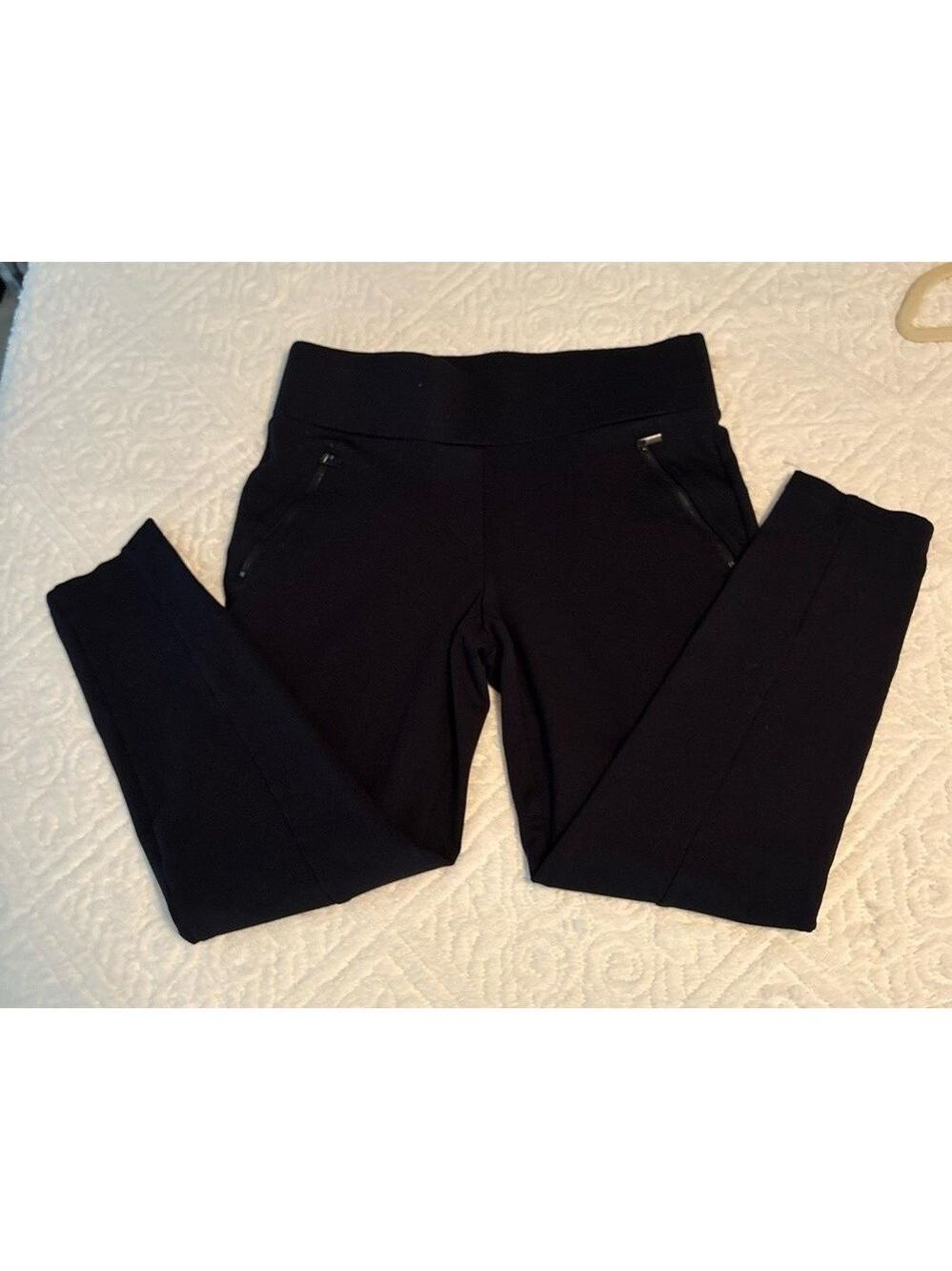 ANN TAYLOR Black Knit Pants Petite MP Straight-Legged Ankle Length Zipper Pocket